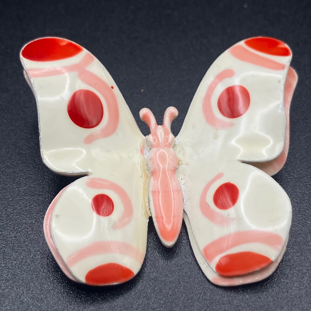 Vintage West Germany Butterfly Brooch Enamel on Metal Red Pink White 1960s Mod